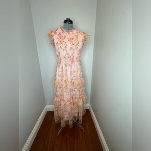 PINK FLORAL TIERED RUFFLE MAXI DRESS WITH ROUND NECKLINE BY THE RIVER